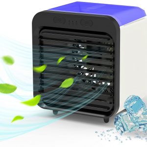 Portable Air Conditioner Fan, Fast Cooling Personal Air Cooler, 3-Speed Evaporative Cooler with Spray Humidification, USB Rechargeable Cooling Fan for Small Room/Office/Camping