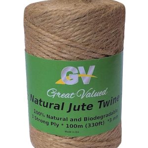 Great Valued Jute String, Garden Jute Twine. Natural, strong, durable. 3 ply, 2-3 mm thick rope roll, 100m (333ft) length, 250g. Gift wrapping, crafts, parcel packing, garden heavy duty cord.