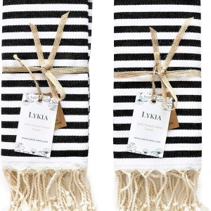 Lykia Turkish Hand Towel Set of 2 – Decorative Hand Towels for Bathroom and Kitchen – 100% Cotton 17×40 Inches – Great for Bath and Farmhouse Boho Style Housewarming Decor Gifts (Black and White)