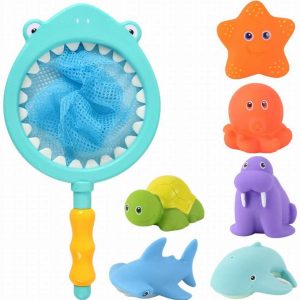 HWD Bath Toy , Fishing Floating Animals Squirts Toys Games Playing Set with Fishing net , Fish Net Game in Bathtub Bathroom Pool for Babies Toddlers and Kids (Blue)
