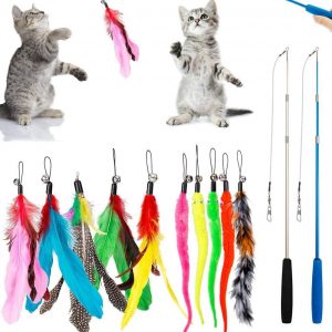 DILISS Feather Teaser Cat Toy, 2PCS Retractable Cat Wand Toys and 10PCS Replacement Teaser with Bell Refills, Interactive Catcher Teaser and Exercise Playing Toy for Kitten or Cats