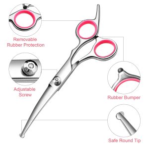Dog Grooming Scissors Kit with Safety Round Tips Stainless Steel Professional Dog Grooming Shears Set – Thinning, Curved Scissors and Comb for Dog Cat Pet