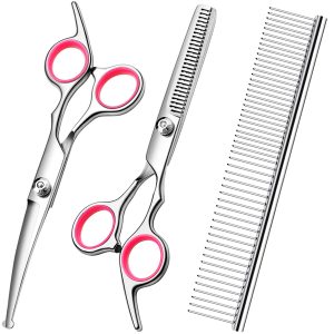 Dog Grooming Scissors Kit with Safety Round Tips Stainless Steel Professional Dog Grooming Shears Set – Thinning, Curved Scissors and Comb for Dog Cat Pet