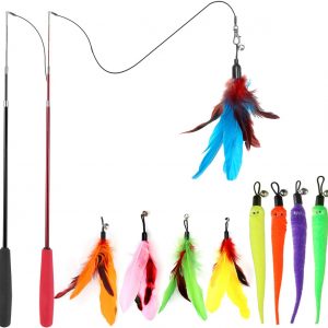 Huidcom Cat Feather Toy Retractable Cat Toys Wand with 2 Wands & 9 Assorted Teaser Refills Interactive Feather Teaser Wand Toy with Bell for Kitten Or Cat Having Fun Exerciser Playing