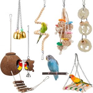 Toys for Bird Parakeet Toy Bird Perch Bird Cage Hammock Coconut Hideaway with Ladder Hanging Bell Swing Chewing Hanging Toy for Parakeet,Conure,Cockatiel,Love Birds,Parrots