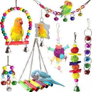 ESRISE 8 Pcs Bird Parakeet Cockatiel Parrot Toys, Hanging Bell Pet Bird Cage Hammock Swing Climbing Ladders Toy Wooden Perch Chewing Toy for Small Parrots, Conures, Love Birds, Finche